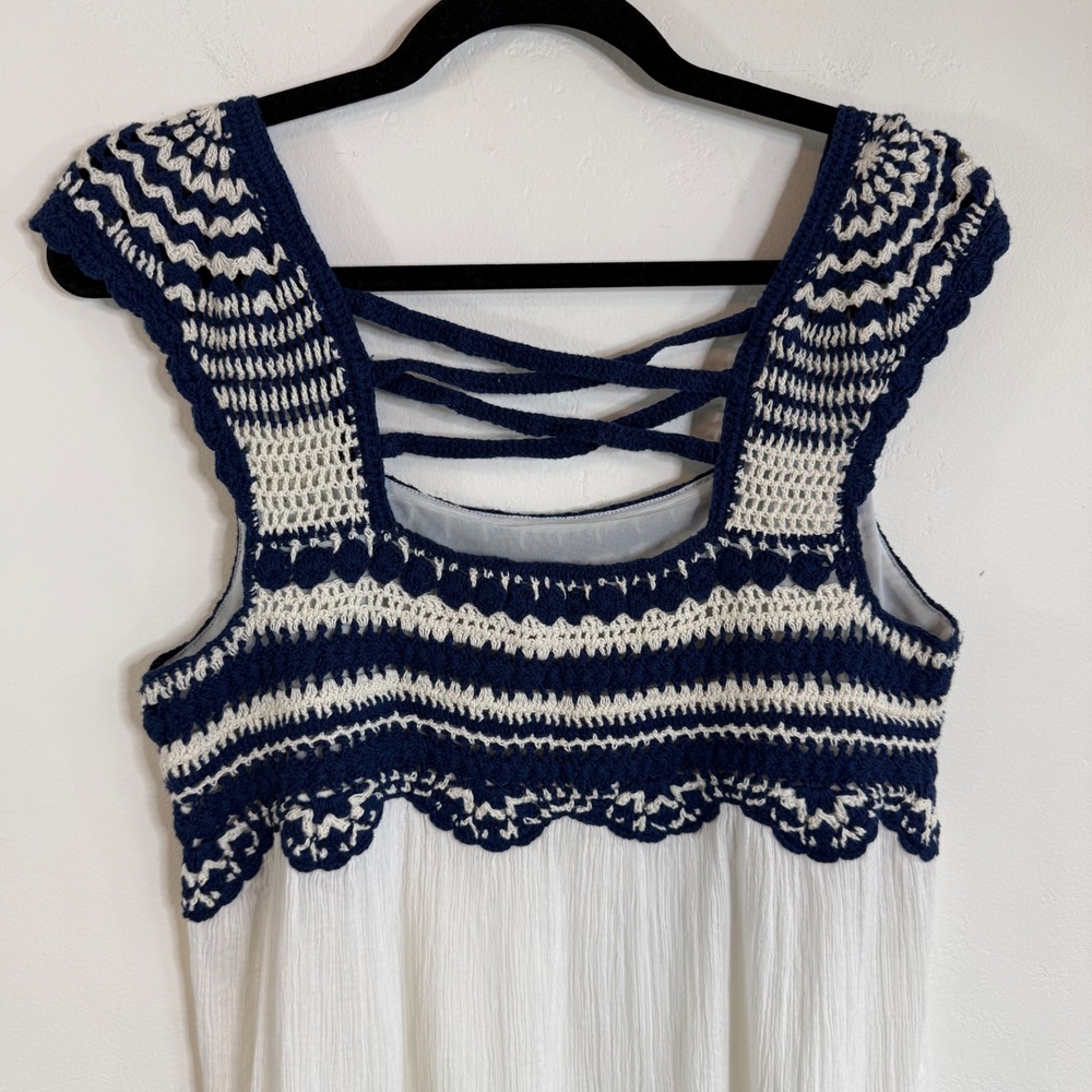Calypso‎ St Barth Crochet Gauze Tank Top M Lace Up Back White Navy Boho Coastal - Picture 5 of 10